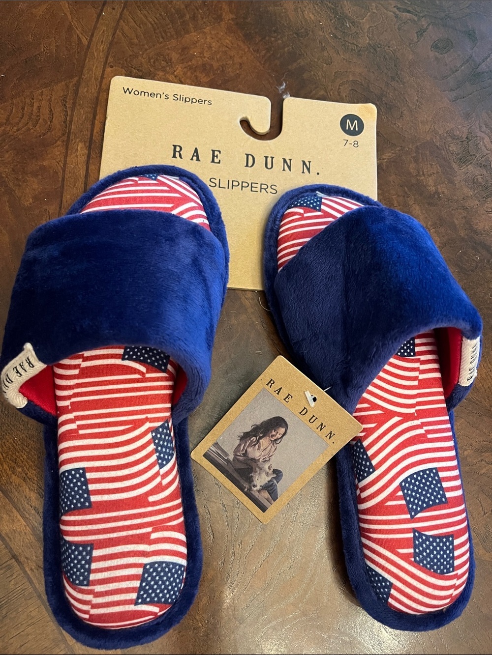 Rae Dunn Blue Plush Slide Slippers with Stars & Stripes Insole